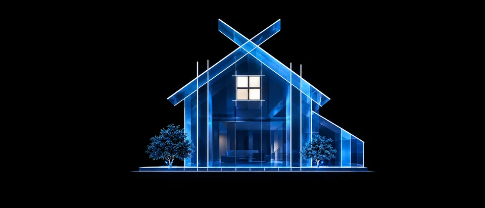 Completed blue glass Chronicle House with a lit window
