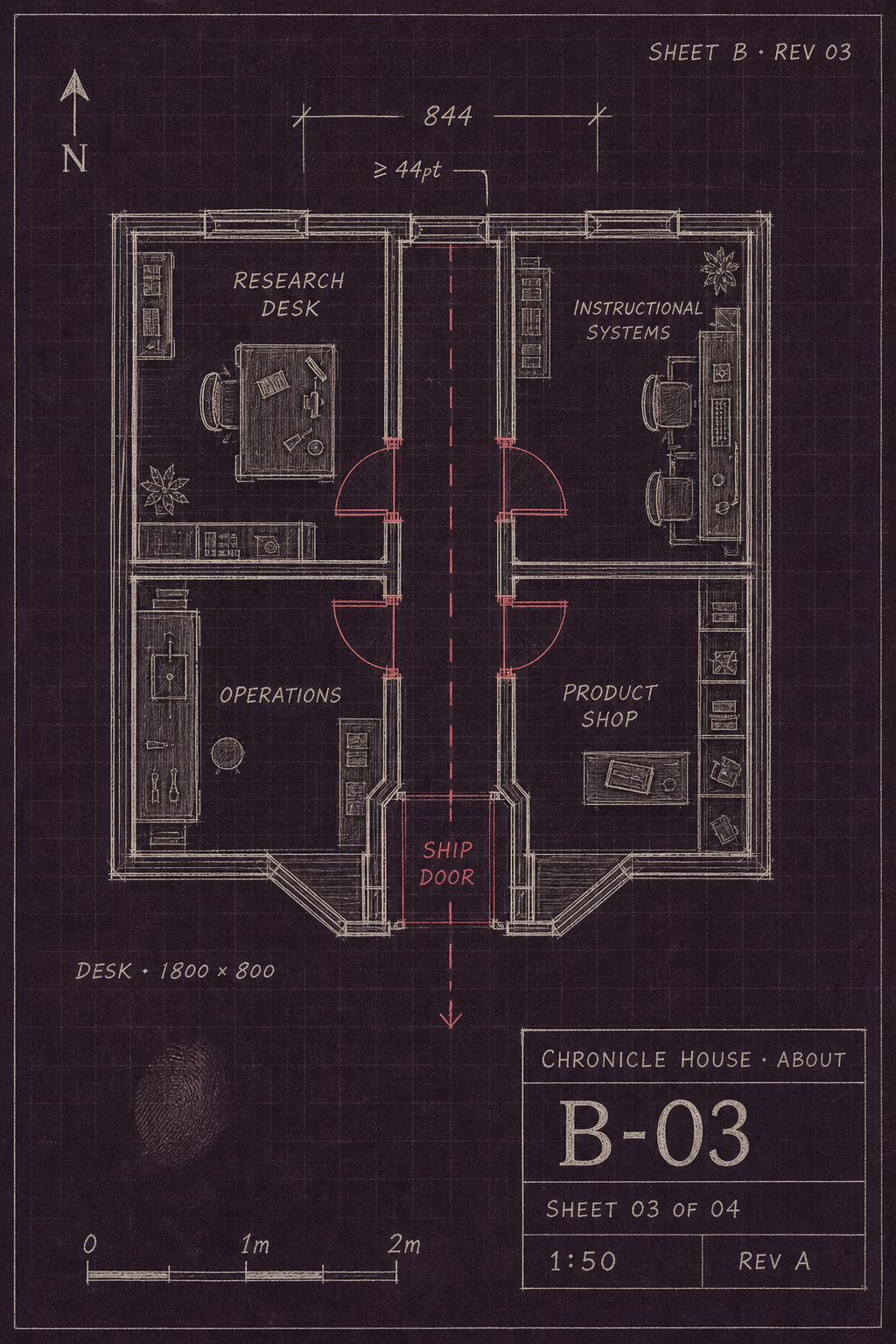 B-04 sketch — small studio floor plan showing four rooms feeding into a central ship door.