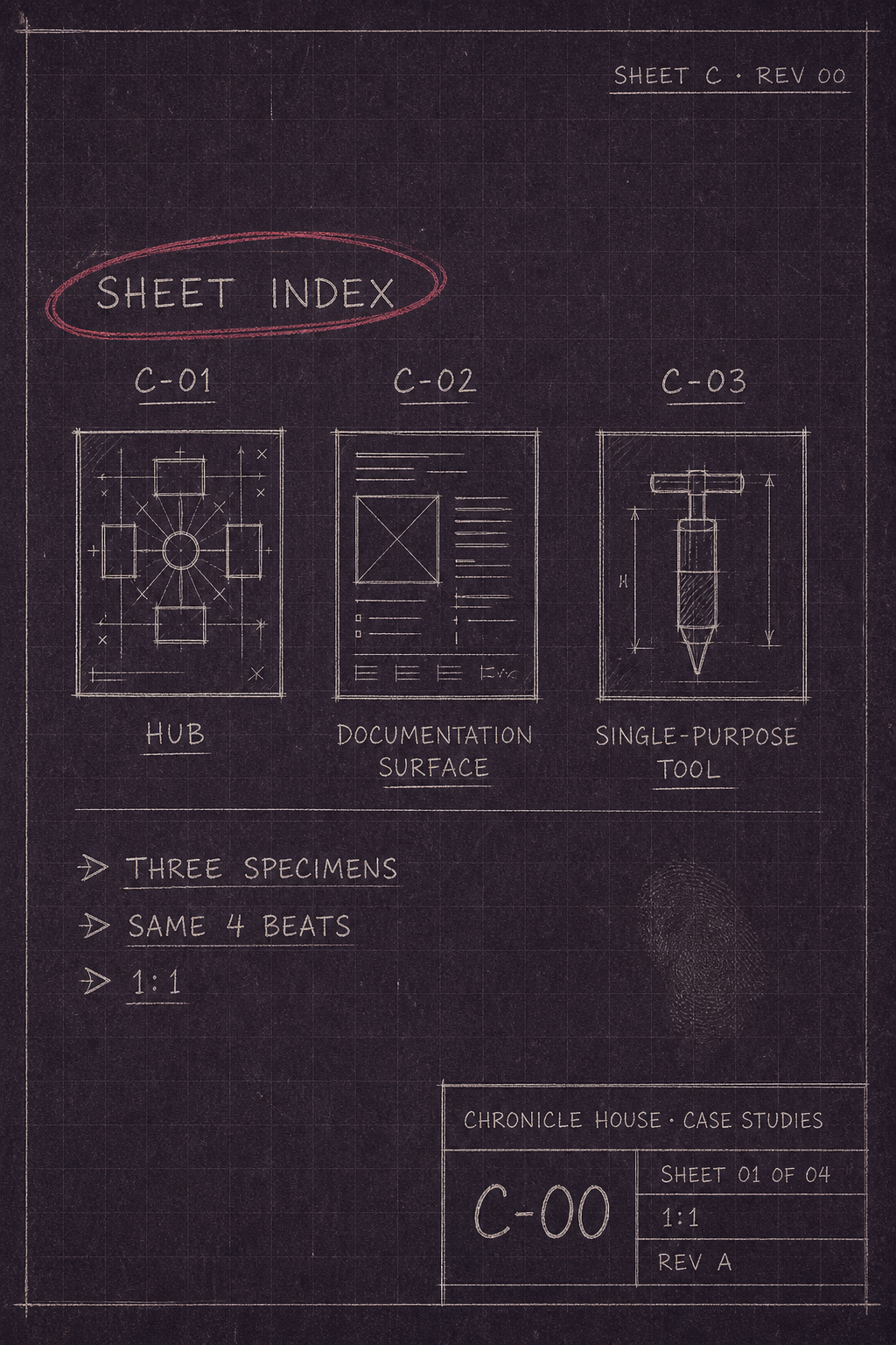 C-00 sketch — sheet index showing thumbnails for C-01 hub, C-02 documentation surface, C-03 single-purpose tool.
