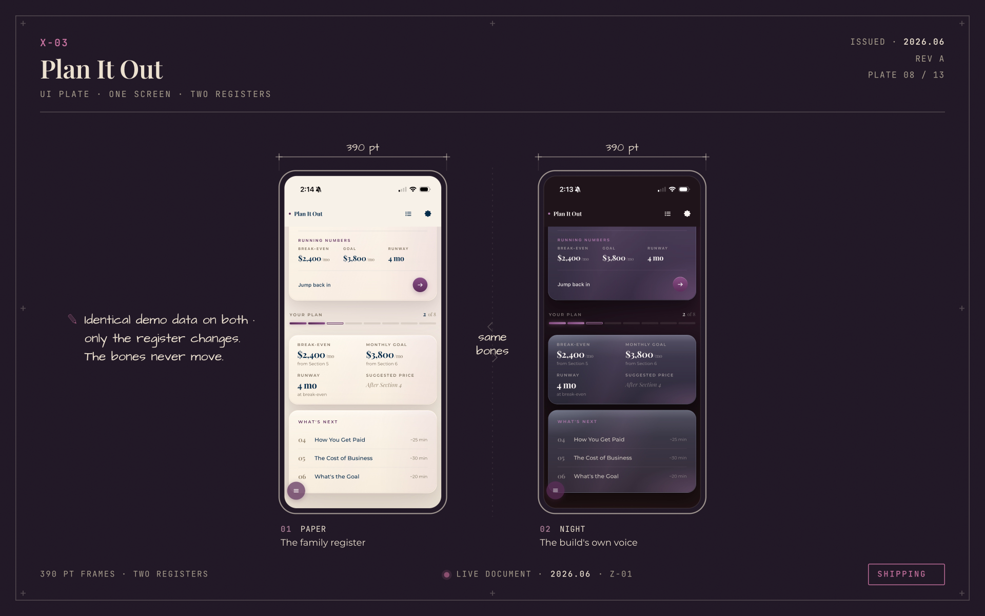 Plan It Out plate X-03 — paper and night registers side by side, identical demo data.