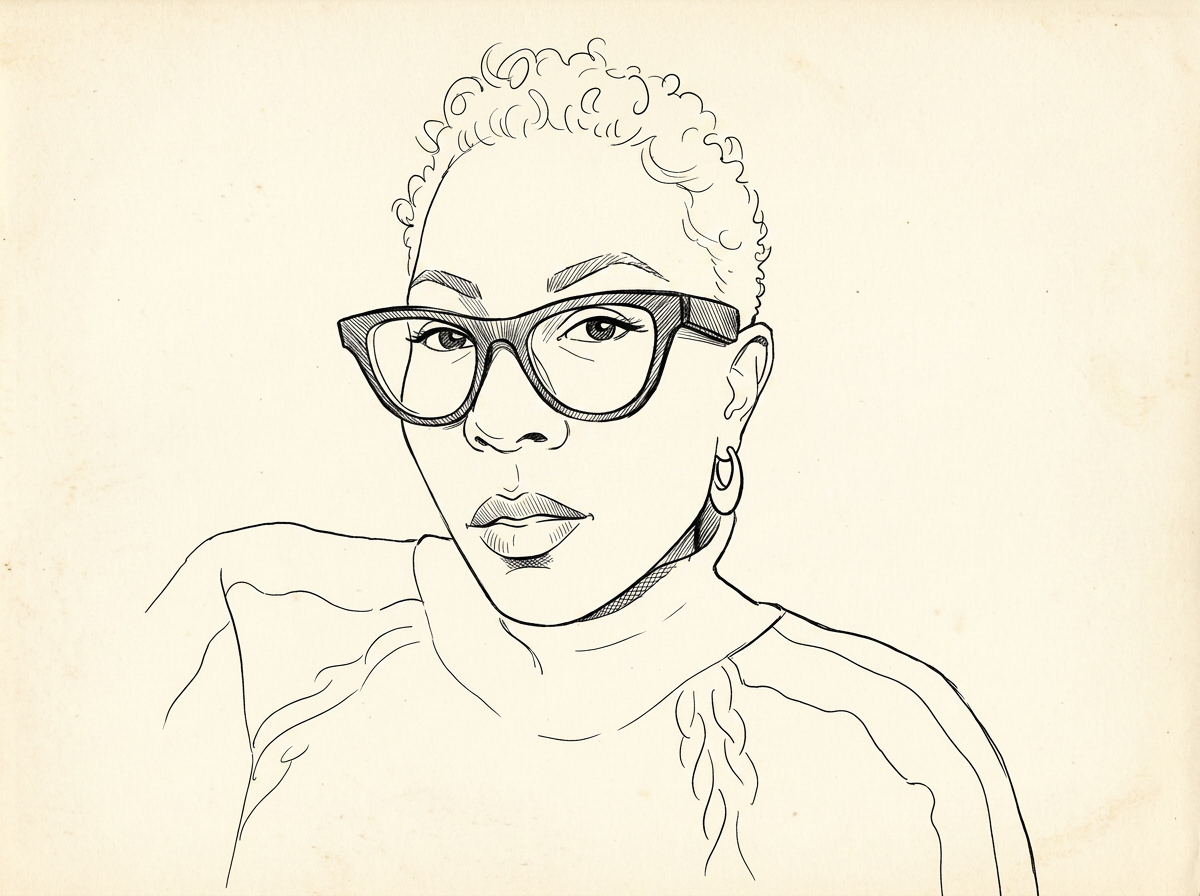 Hand-drawn ink portrait of Chelsé Lilly, with the photograph revealed on hover.