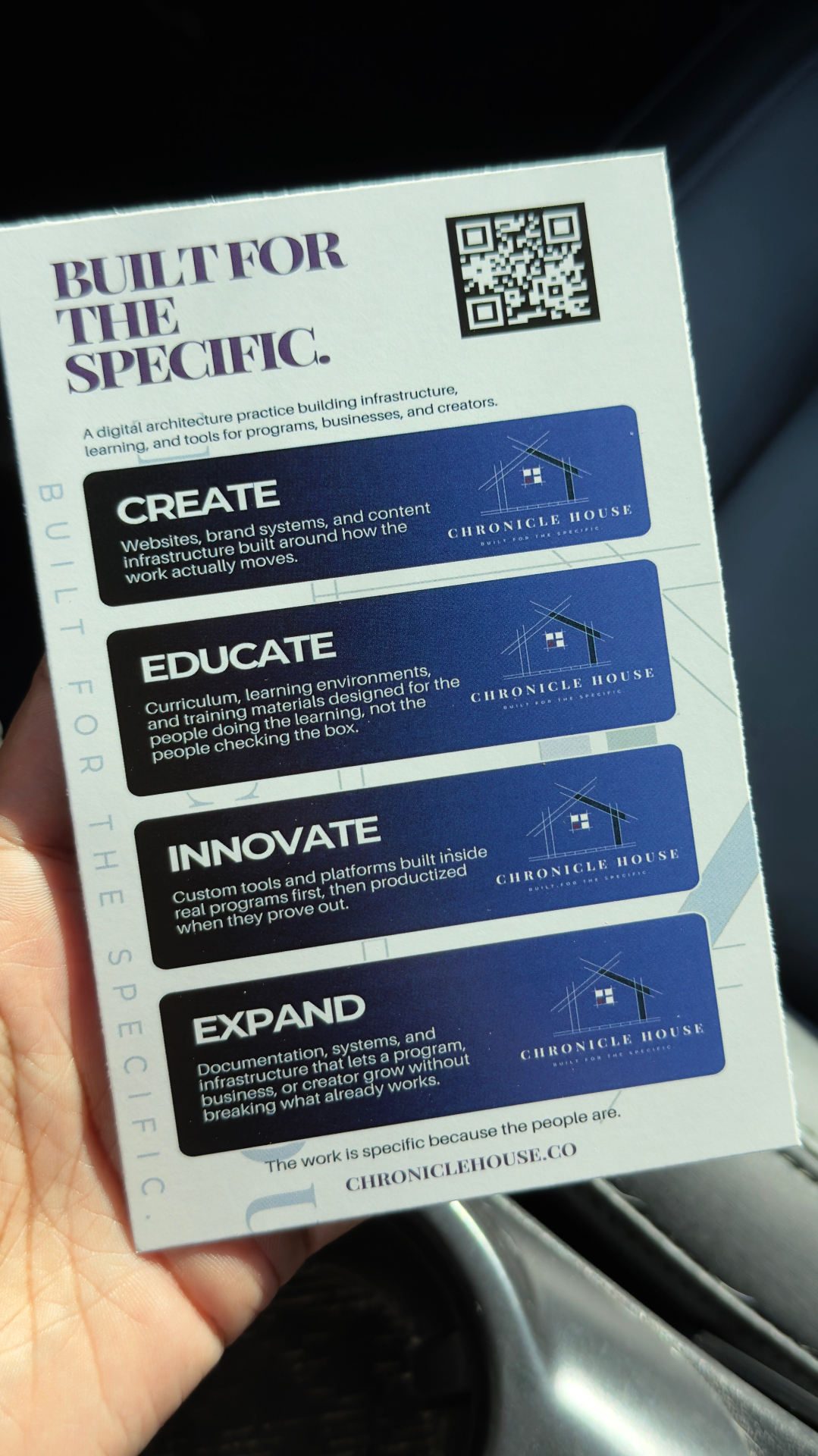 The Chronicle House four-pillar handout card: Create, Educate, Innovate, Expand.